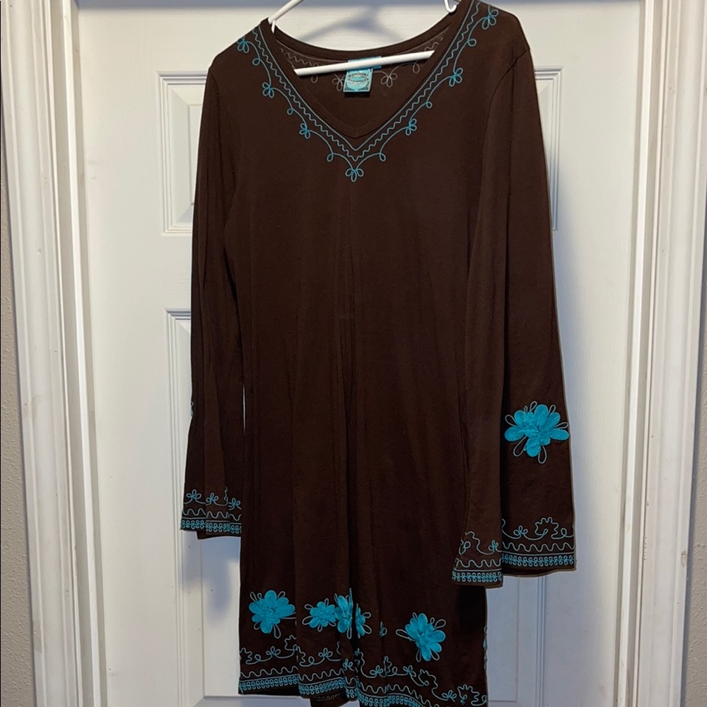 Brown Dress with Blue Embroidery